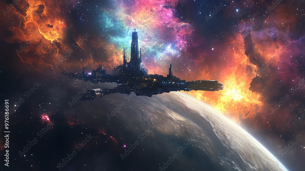 Poster a futuristic spaceship flies past a planet and a colorful nebula in outer space.