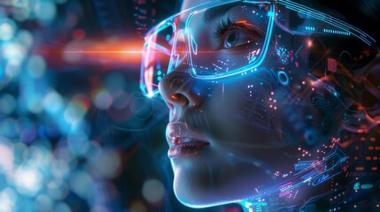 young woman wearing eyeglasses immersed in browsing a futuristic digital world concept illustration