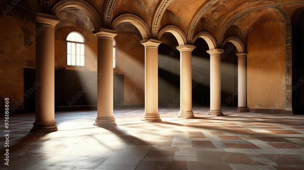 Poster soft beams of sunlight filter through windows, casting warm light on tall columns within a tranquil 