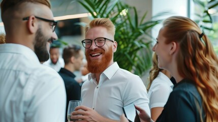 Group of professionals sharing laughter and drinks during a networking event in a contemporary office setting filled with greenery. The atmosphere is warm and friendly