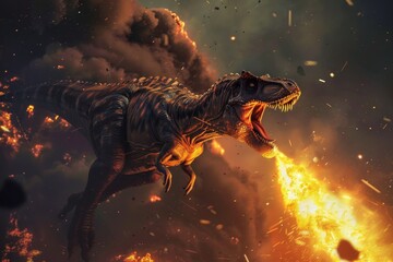 A dinosaur unleashes a torrent of fire against a backdrop of ominous clouds and flying debris,...