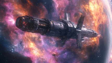 Fototapeta premium A futuristic spaceship flying past a fiery nebula in space.