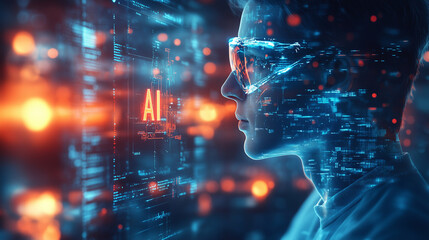 "AI" appearing on a virtual screen in front of a group of scientists in a laboratory.