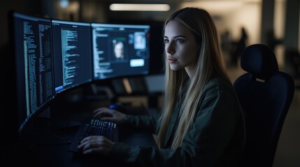 In a dimly lit office, a woman intensely analyzes data displayed across several monitors, immersed in her work late into the night, surrounded by lines of code
