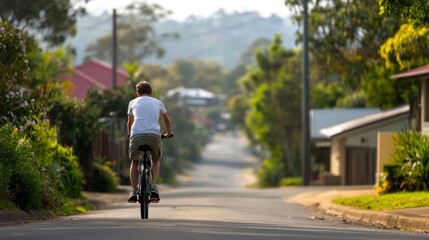 Naklejka premium A cyclist pedals down a tranquil suburban road in the morning, with sunlight filtering through trees and houses lining the street, creating a peaceful atmosphere