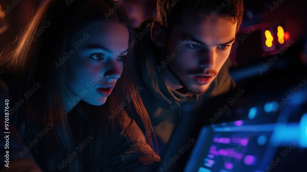 Poster a young woman and man focus intently on coding while interacting with a glowing computer screen, sur