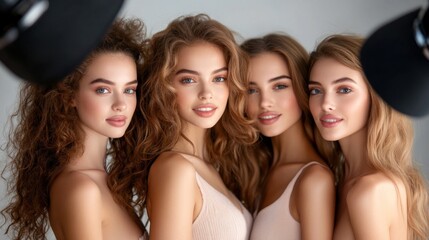 Obraz premium Four young women showcase different hairstyles and makeup as they pose closely together in a brightly lit studio, radiating beauty and confidence during a modeling session