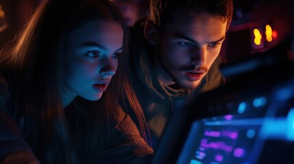 A young woman and man focus intently on coding while interacting with a glowing computer screen, surrounded by vibrant lights in a dark room