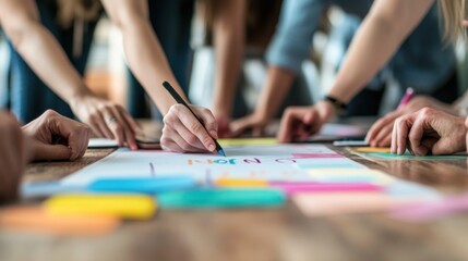 Obraz premium A group of people actively engages in a brainstorming session, jotting down ideas on colorful sticky notes placed on a wooden table, fostering creativity and collaboration