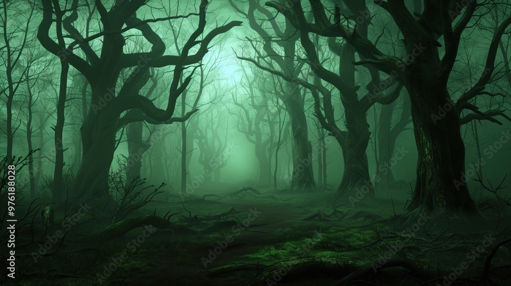 Aufkleber a dense forest enveloped in thick mist features gnarled trees and a haunting ambiance. the path thro