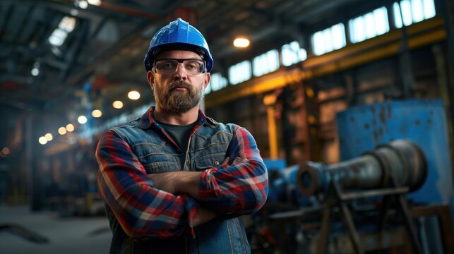 A confident worker stands with arms crossed in an industrial workshop, wearing a plaid shirt, hard hat, and safety glasses. The background features machinery and bright lights