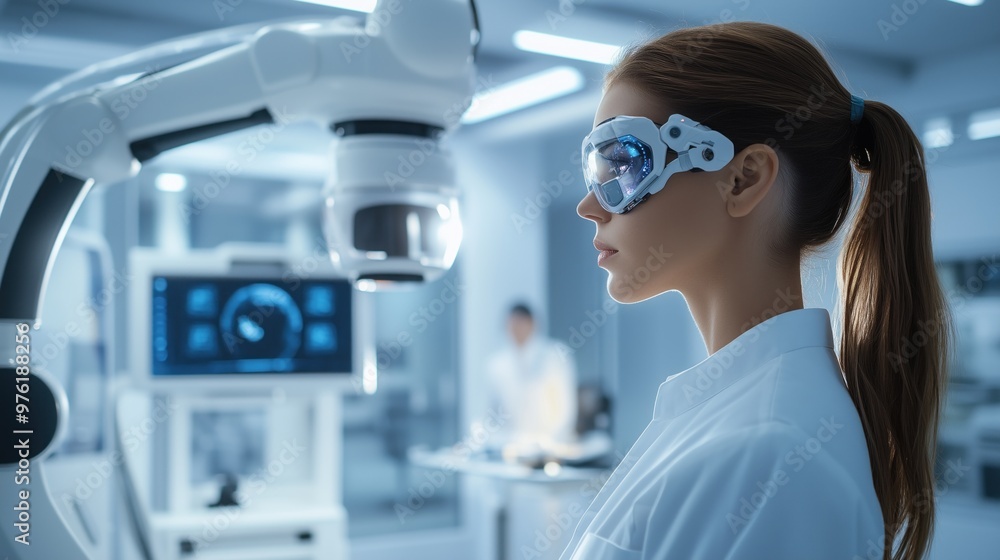 Poster a dedicated scientist in a lab coat observes intricate data on a digital display while using high-te