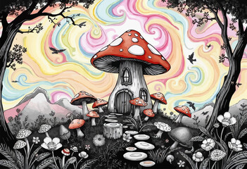 Mushroom Cottage Fantasy. A vibrant illustration of a whimsical mushroom house, ideal for storybook themes and enchanting designs. vibrant swirling colors in the background brush texture digital paint