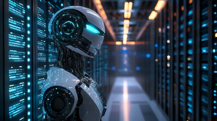 Futuristic robot monitors a server rack in a high-tech data center, ensuring smooth network operation with its ai and automation