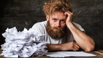 A man with a beard sits at a desk, looking overwhelmed and frustrated, surrounded by a pile of crumpled papers, indicating a long work session