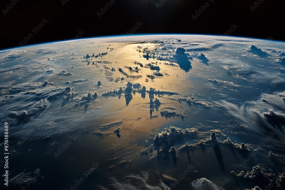 Poster the view highlights a breathtaking expanse of earth from space, where clouds create dynamic shapes a
