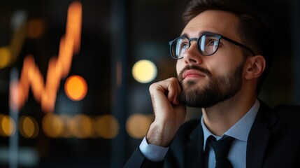 A focused man in professional attire contemplates data trends while sitting in a sleek office environment illuminated at night, surrounded by glowing charts