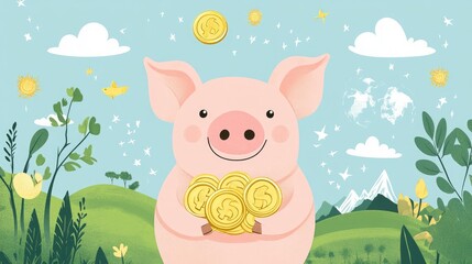 Fototapeta premium A happy pink pig with a stack of gold coins in front of a lush green landscape with a blue sky.