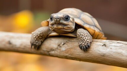 Naklejka premium A small tortoise is seen resting comfortably on a branch, surrounded by a vibrant backdrop of autumn leaves, capturing its intricate shell patterns and inquisitive gaze