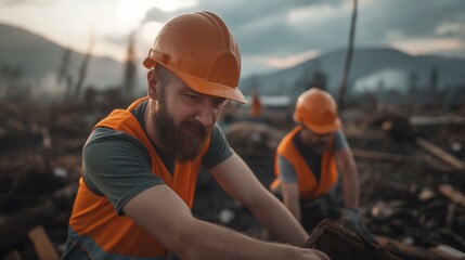 Volunteers helping to rebuild homes after a natural disaster, expressions of hope and resilience, promoting disaster relief and community recovery, construction site setting, teamwork visible
