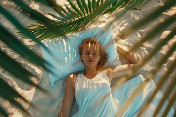 Quiet of room young lady rests comfortably her side. Peaceful slumber her side tranquil room restful woman is ease. Image captures essence of tranquility and restful sleep.