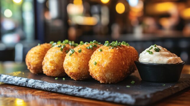 Crab croquettes on a slate platter with garlic aioli, placed on a wooden table with a vibrant tapas bar scene in the background