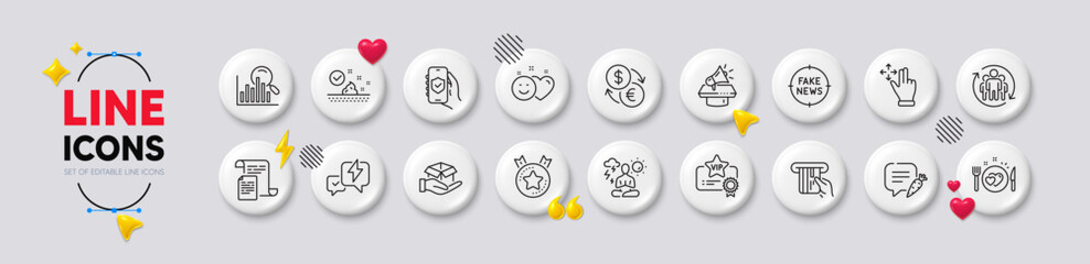 Chat bubble, Documents and Currency exchange line icons. White buttons 3d icons. Pack of Vip certificate, Hold box, Romantic dinner icon. Move gesture, Teamwork, Search pictogram. Vector