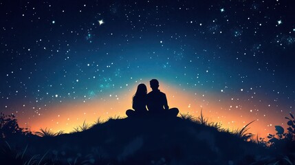 Love Under the Stars - Cartoon Couple Embracing Emotional Intimacy on a Hilltop Stargazing Together