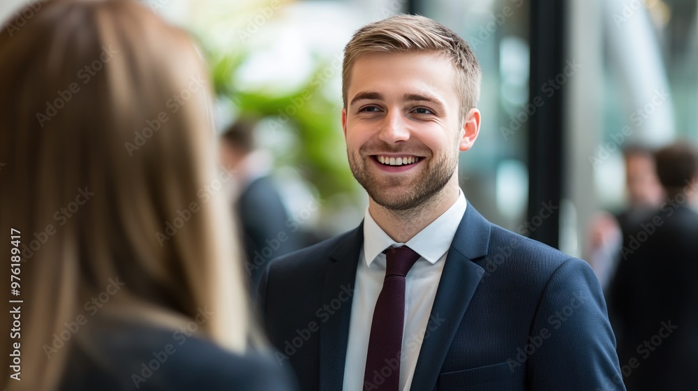Poster a business professional in a suit standing and smiling while talking to a customer, showcasing frien