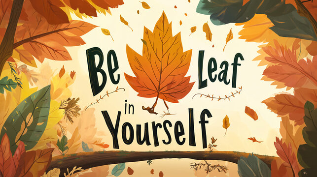 The artwork showcases vibrant autumn leaves with a playful message about believing in oneself, surrounded by warm, seasonal colors