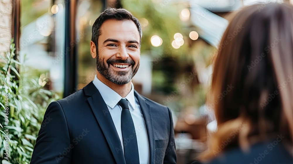 Poster a business professional in a suit stands and smiles while talking to a customer, creating a positive