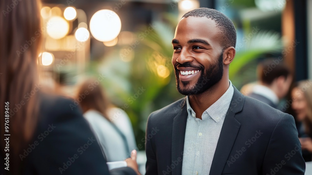 Poster a business professional in a suit stands and smiles while talking to a customer, creating a positive