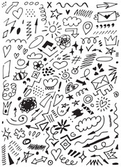 Doodle illustrations set. Doodles, stars, sparkles, hearts, decorations, frames, speech bubbles, arrows, check boxes, spiral, egg, light bulb. Vector illustration