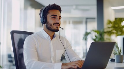 Obraz premium A call center agent wearing a tidy shirt and headphones, sincerely interacting with a customer in a white, modern office while using a laptop, highlighting professionalism.