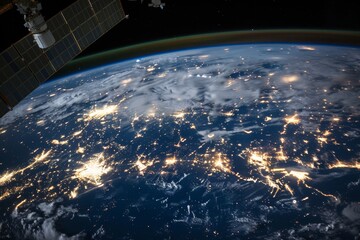 The view from space reveals Earth at night, highlighting the bright lights of cities and towns, as...