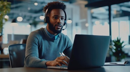 A customer support agent wearing a headset, attentively talking to a customer while typing on a laptop, captured in an unintentional, candid moment in a modern office.