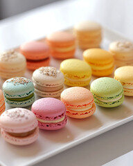 Obraz premium A box of colorful macarons arranged neatly on a white plate, vibrant pastel colors, soft natural light highlighting the textures and details.