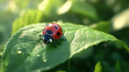 Fototapeta premium Ladybug on a Dew-Covered Leaf