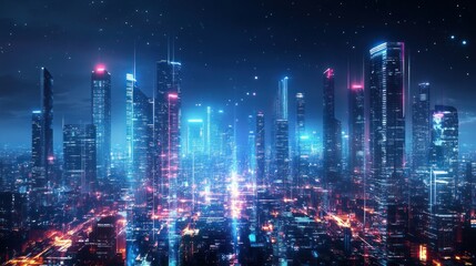 Fototapeta premium Cityscape view with neon lights at night