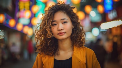 A young Asian woman with curly hair poses in a lively night market filled with colorful lanterns