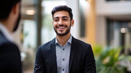Obraz premium A male employee in formal attire stands talking to a customer with a friendly smile, conveying professionalism and customer satisfaction in a business setting.