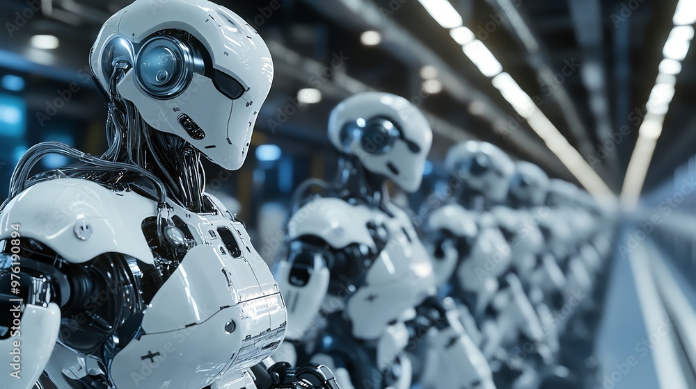 Poster a row of humanoid robots stand in a futuristic factory.