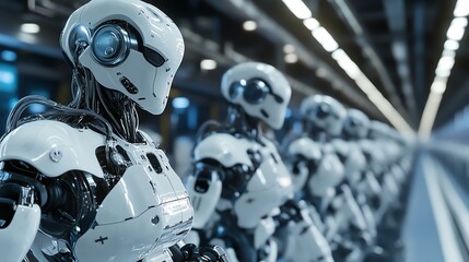 Fototapeta premium A row of humanoid robots stand in a futuristic factory.