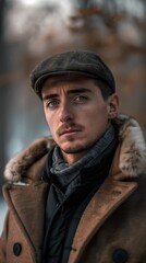 Obraz premium The young man stands outdoors, wearing a cap and a fur-lined coat, with a contemplative expression