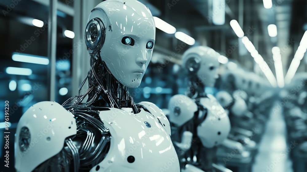 Poster a line of humanoid robots with realistic features stand in a futuristic factory setting.