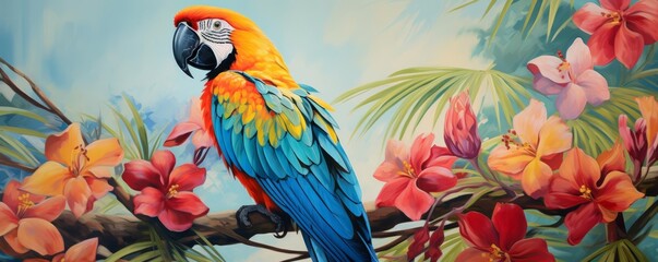 Obraz premium A vibrant illustration of a parrot perched in a tropical tree against a turquoise sky