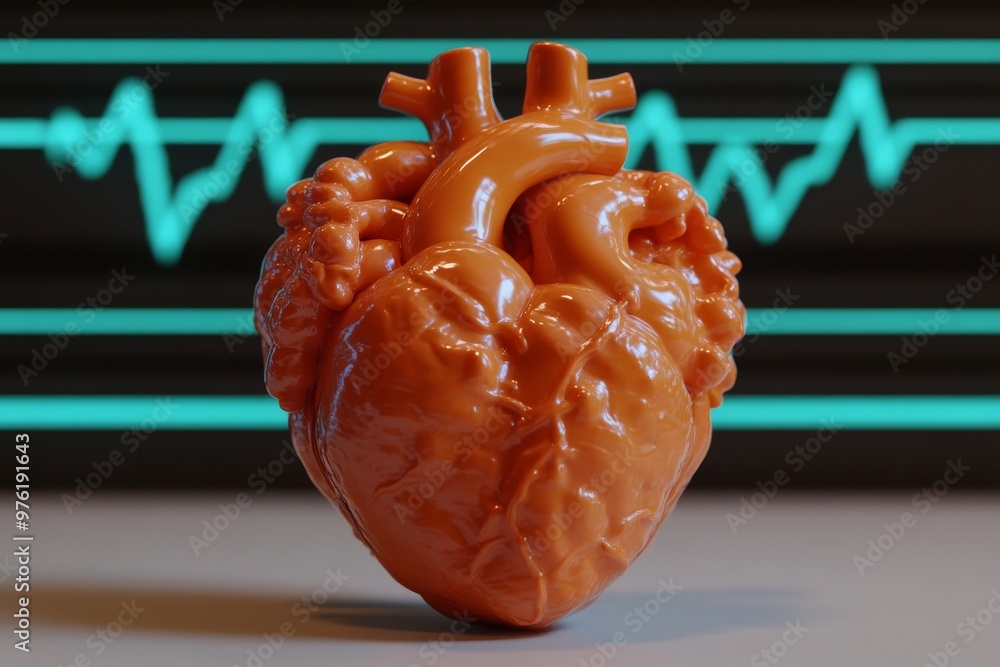 Aufkleber brown anatomical heart model with pulse graph background symbolizing cardiology heart health monitor