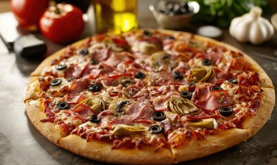 Detailed image of a freshly baked pizza with diverse toppings on a kitchen counter, highlighting the artistry and taste involved in culinary preparations and delicious meals