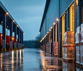 Loading docks, deserted warehouse in rainy weather 