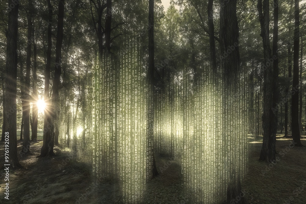 Poster digital symbiosis: a fusion of nature and the virtual world in a forest of binary code. matrix simul